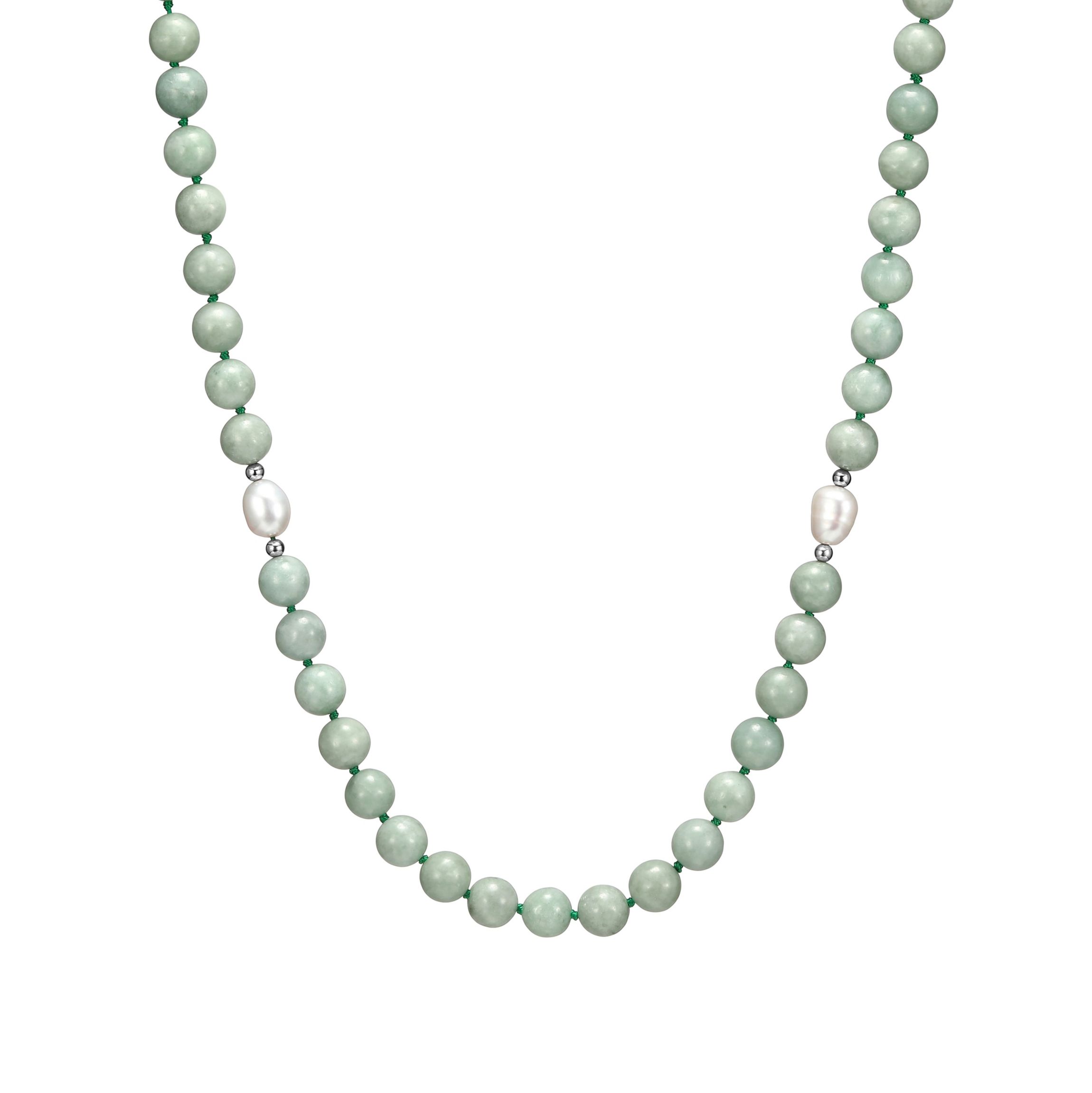 Genuine Green Jade and White Pearl Bead Necklace in Rhodium-plated Sterling Silver