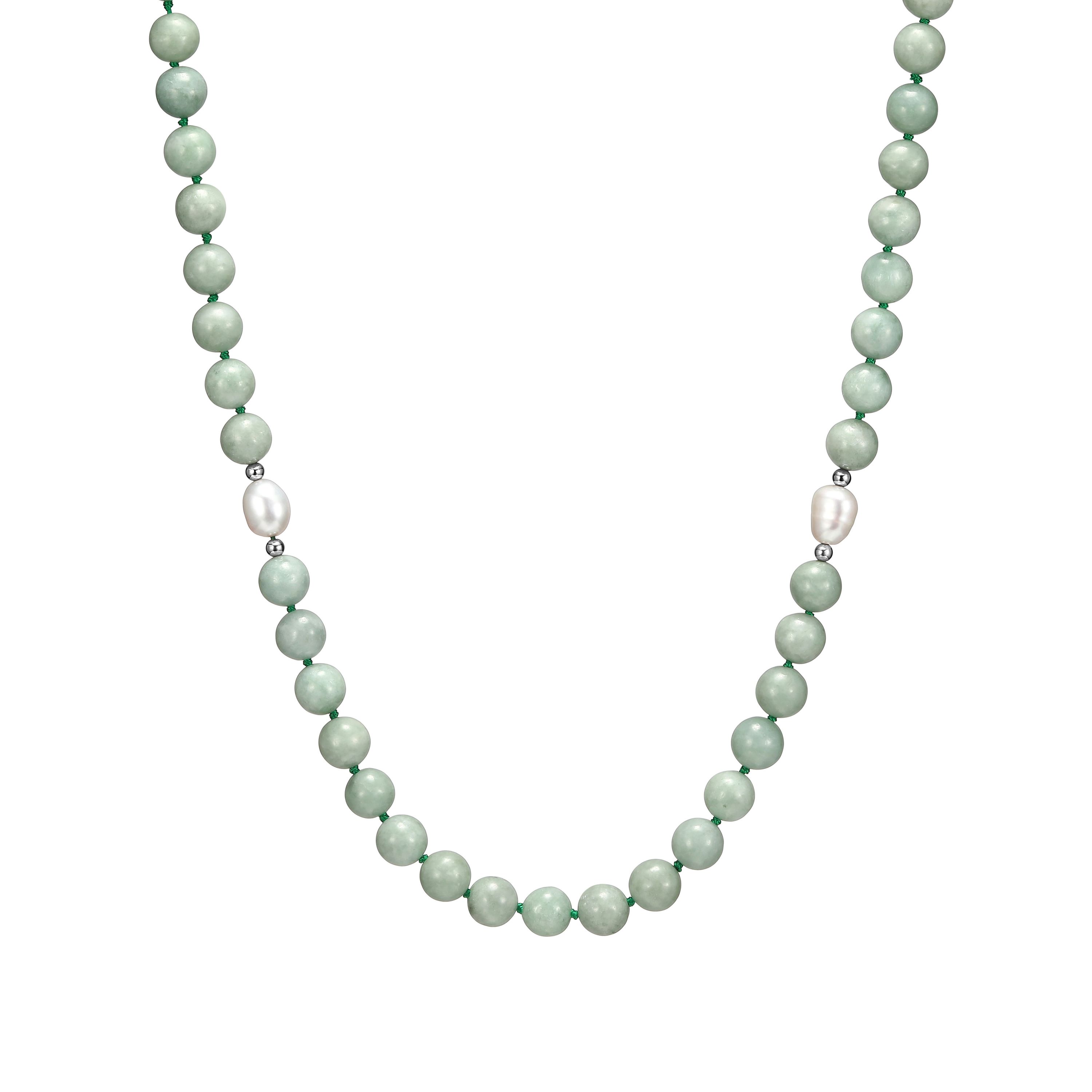 Genuine Green Jade and White Pearl Bead Necklace in Rhodium-plated Sterling Silver