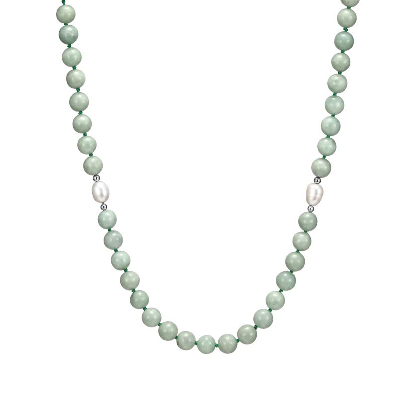 Genuine Green Jade and White Pearl Bead Necklace in Rhodium-plated Sterling Silver