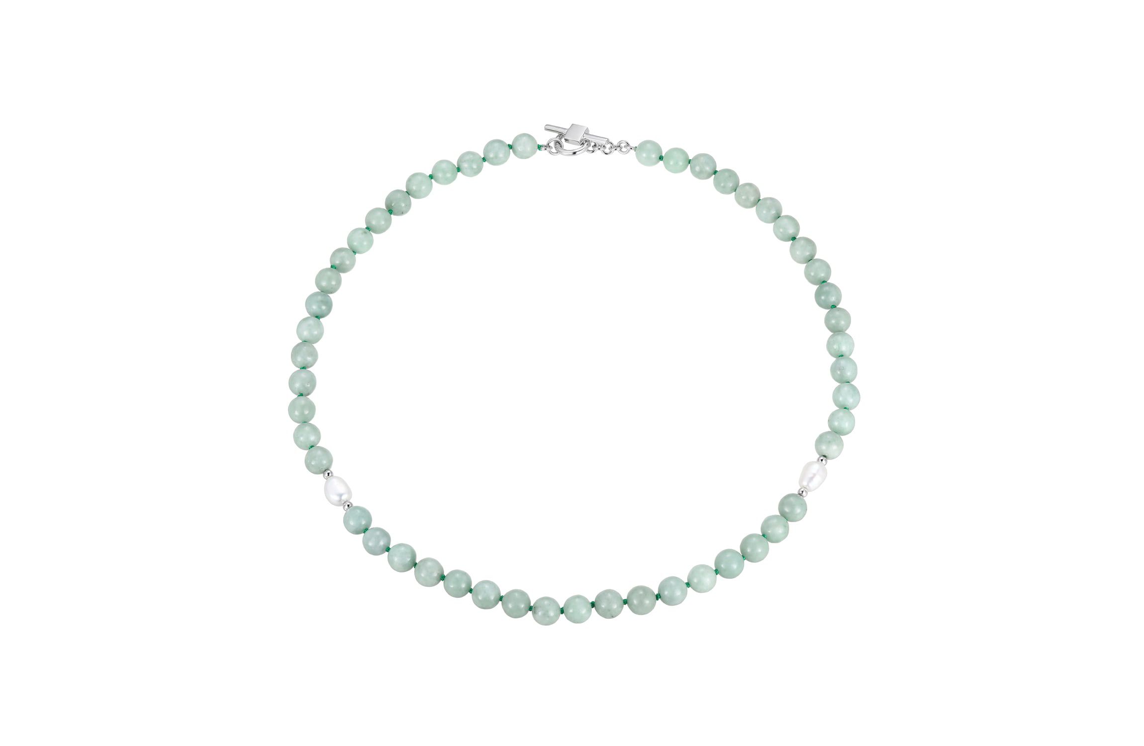 Genuine Green Jade and White Pearl Bead Necklace in Rhodium-plated Sterling Silver