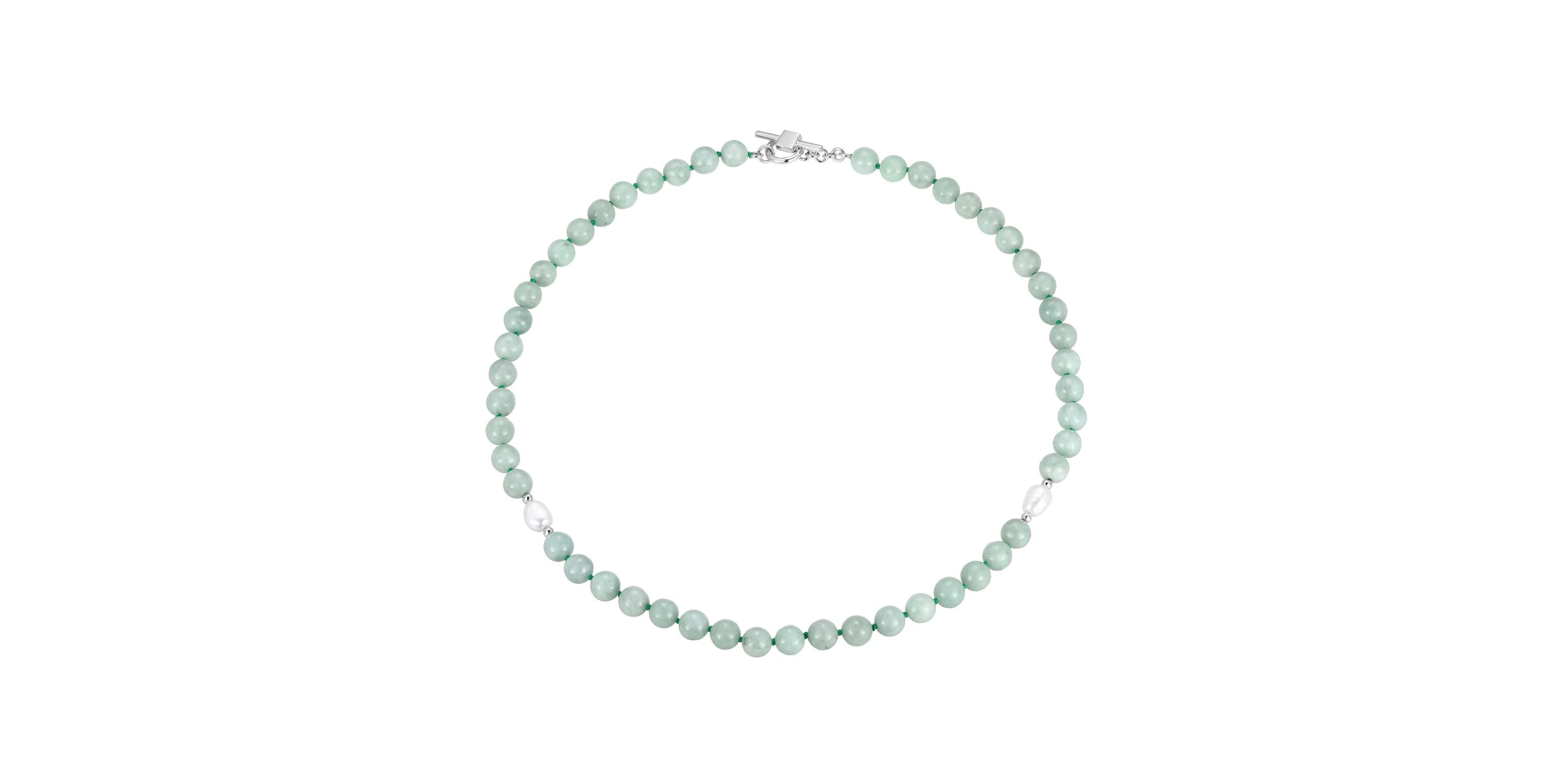 Genuine Green Jade and White Pearl Bead Necklace in Rhodium-plated Sterling Silver