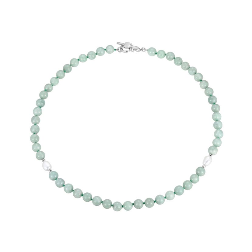 Genuine Green Jade and White Pearl Bead Necklace in Rhodium-plated Sterling Silver