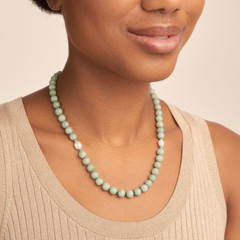Genuine Green Jade and White Pearl Bead Necklace in Rhodium-plated Sterling Silver
