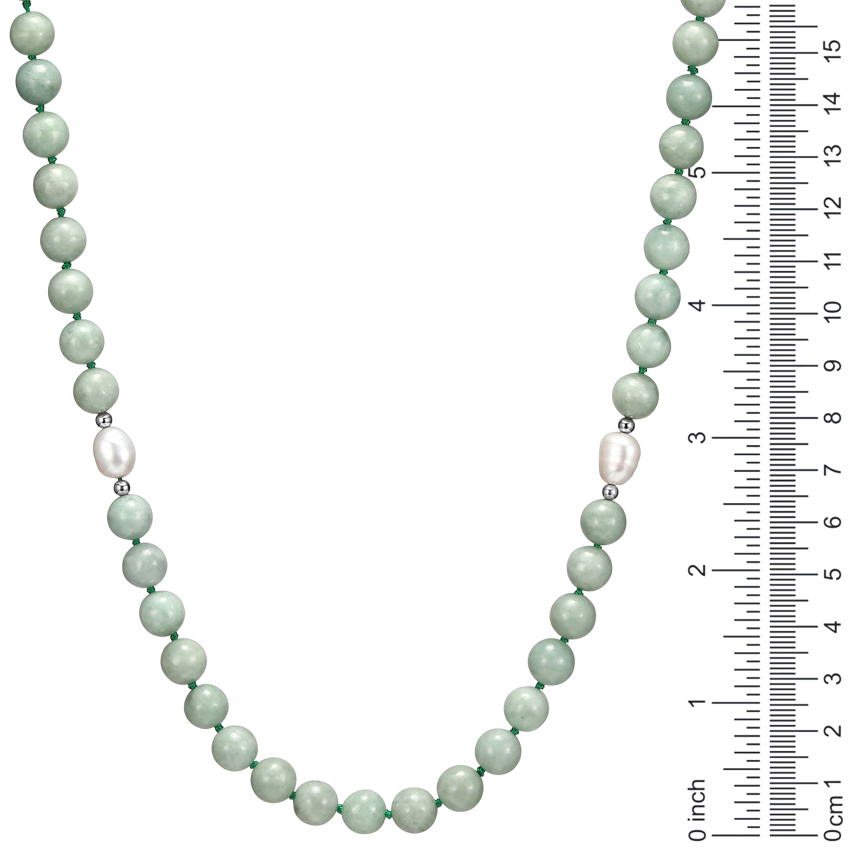 Genuine Green Jade and White Pearl Bead Necklace in Rhodium-plated Sterling Silver