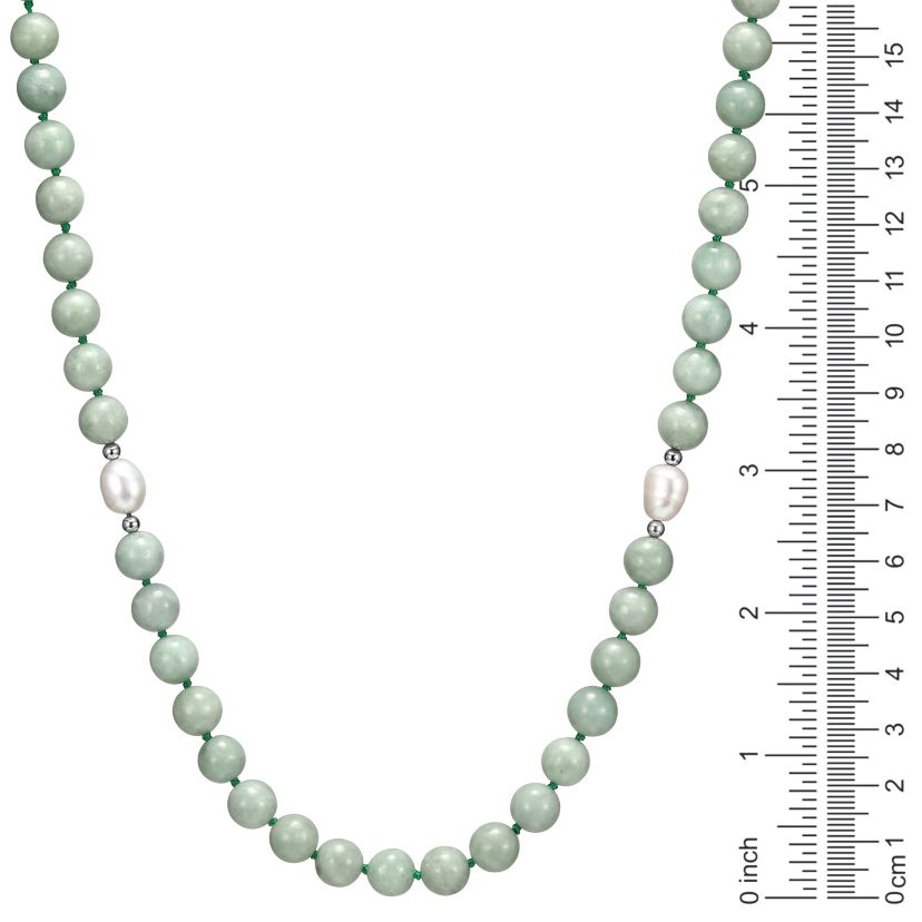 Genuine Green Jade and White Pearl Bead Necklace in Rhodium-plated Sterling Silver