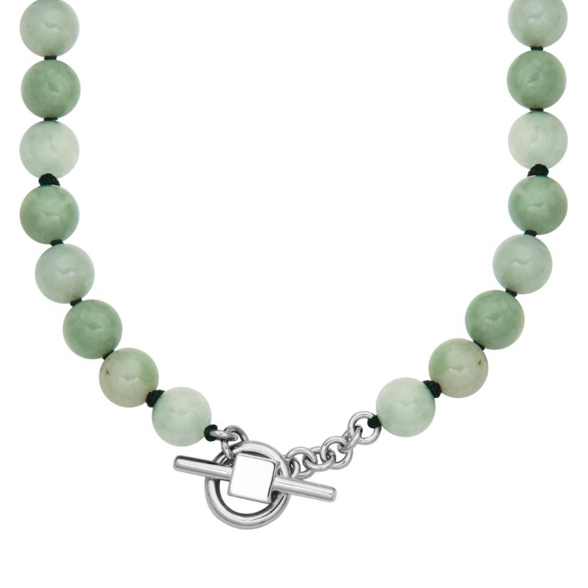 Genuine Green Jade and White Pearl Bead Necklace in Rhodium-plated Sterling Silver