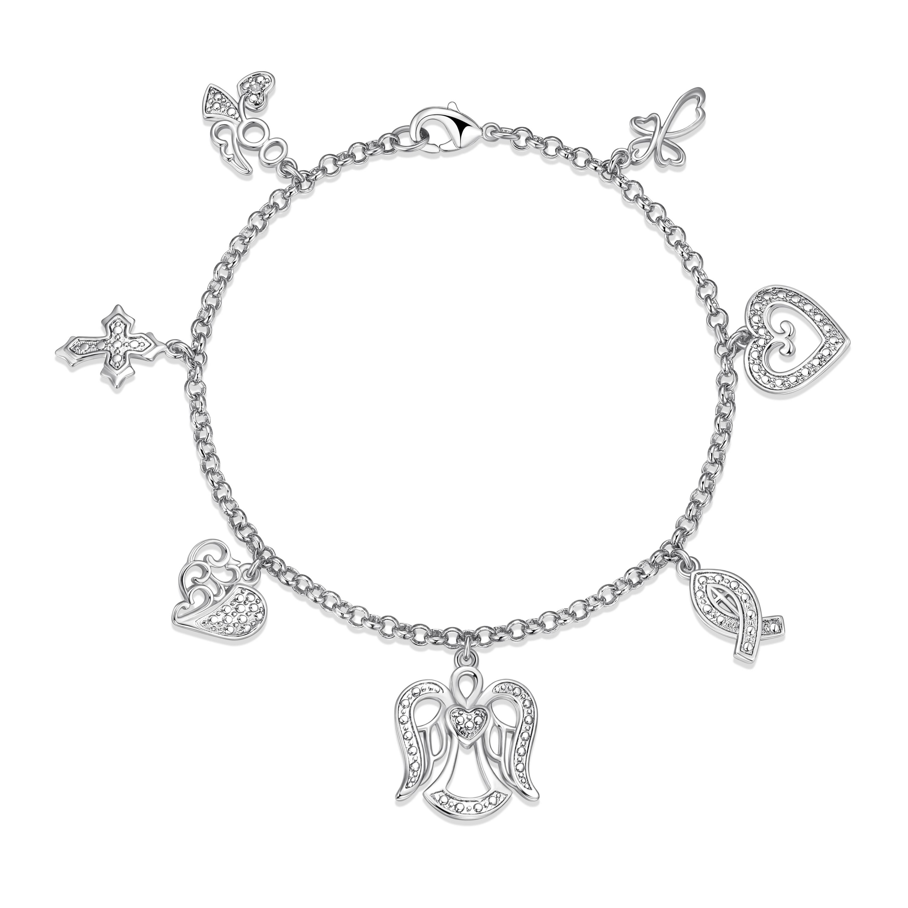Diamond Accent Multi Charm Bracelet in Rhodium Plated Sterling Silver