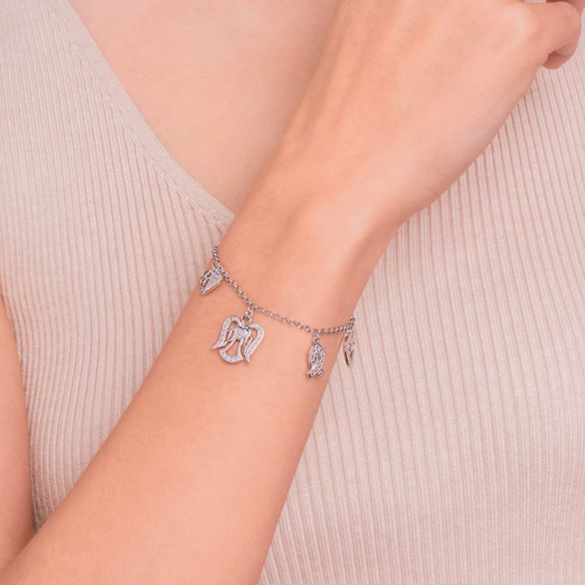 Diamond Accent Multi Charm Bracelet in Rhodium Plated Sterling Silver