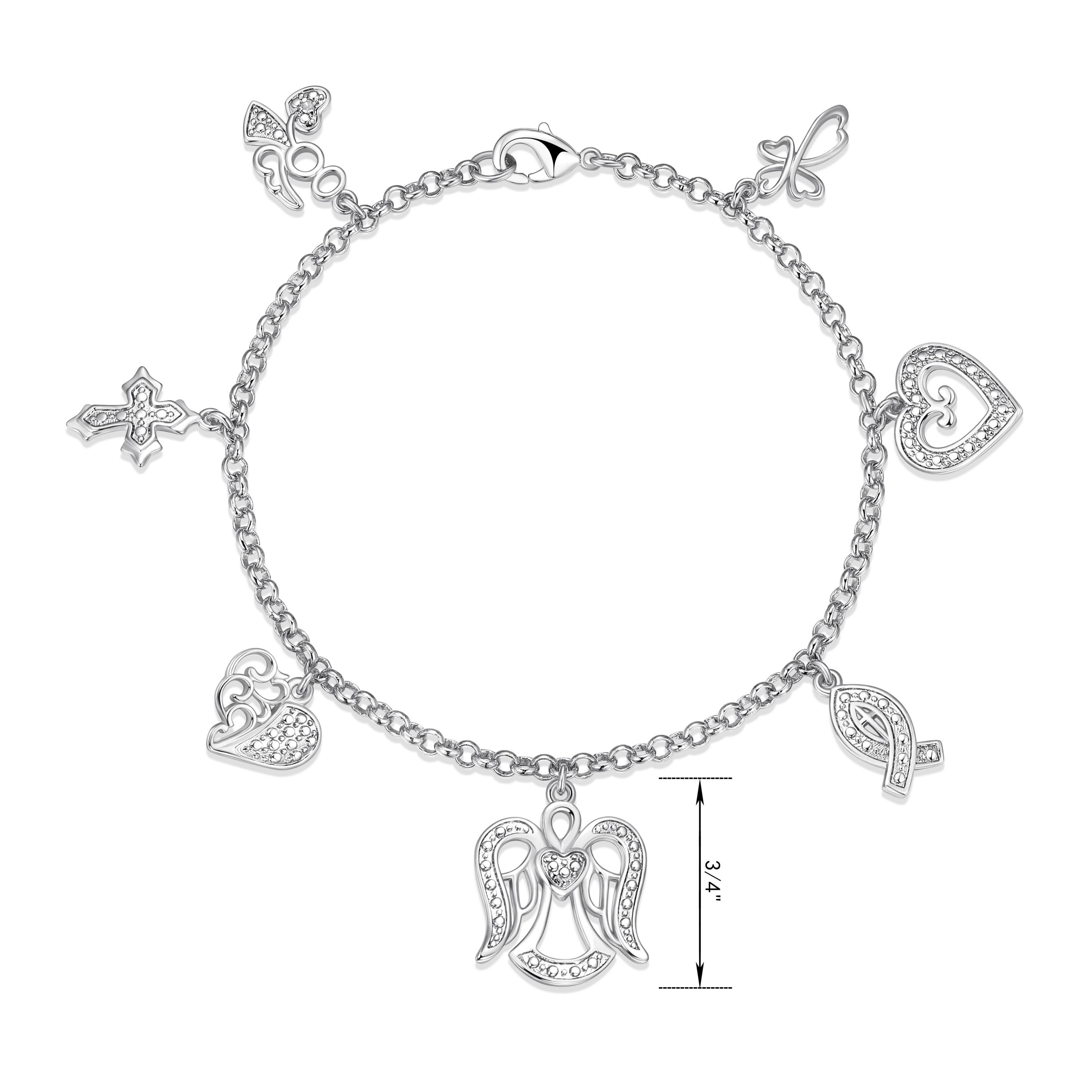 Diamond Accent Multi Charm Bracelet in Rhodium Plated Sterling Silver