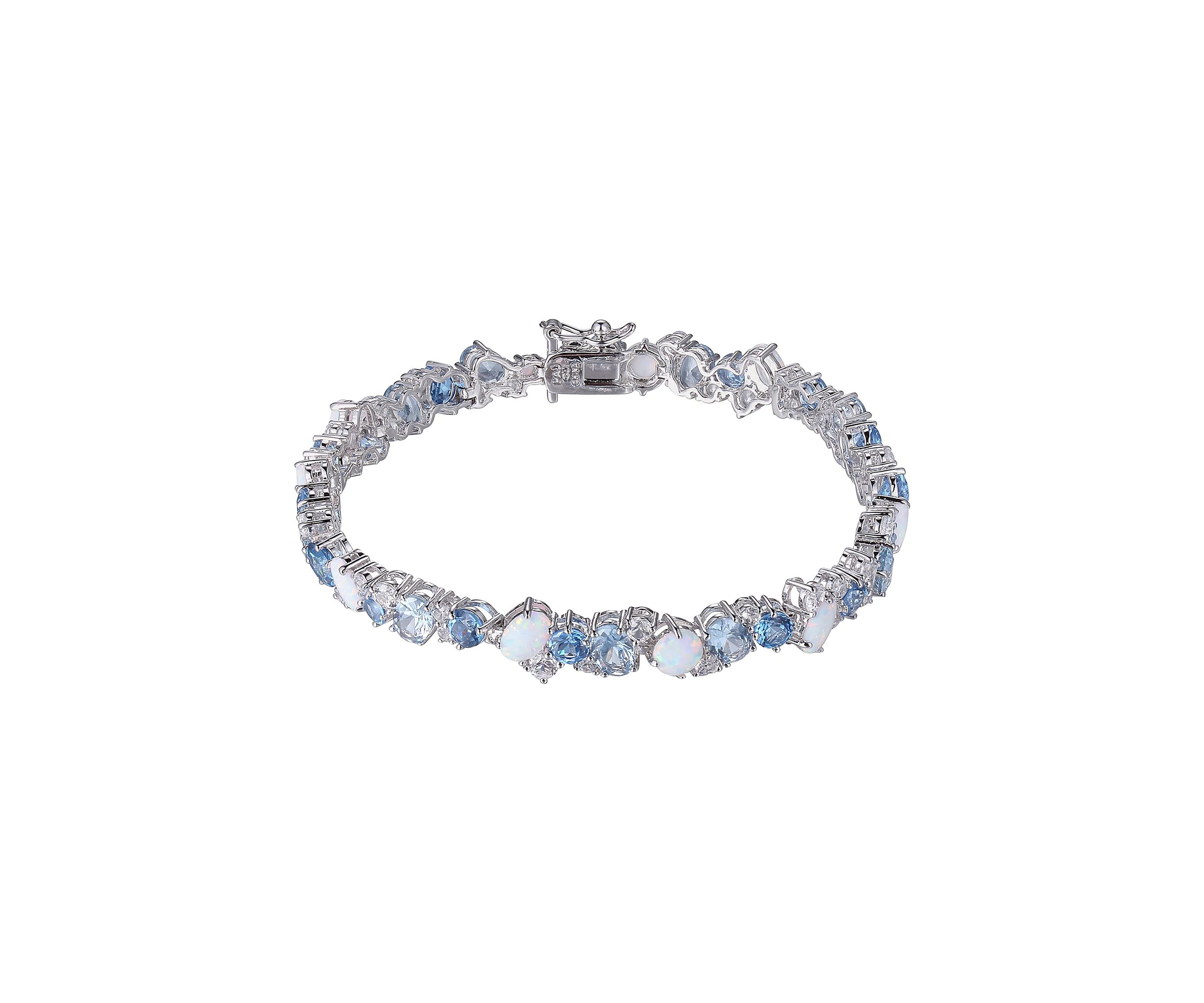 Created Spinel, Opal and White Sapphire Cluster Tennis Bracelet in Rhodium Plated Sterling Silver