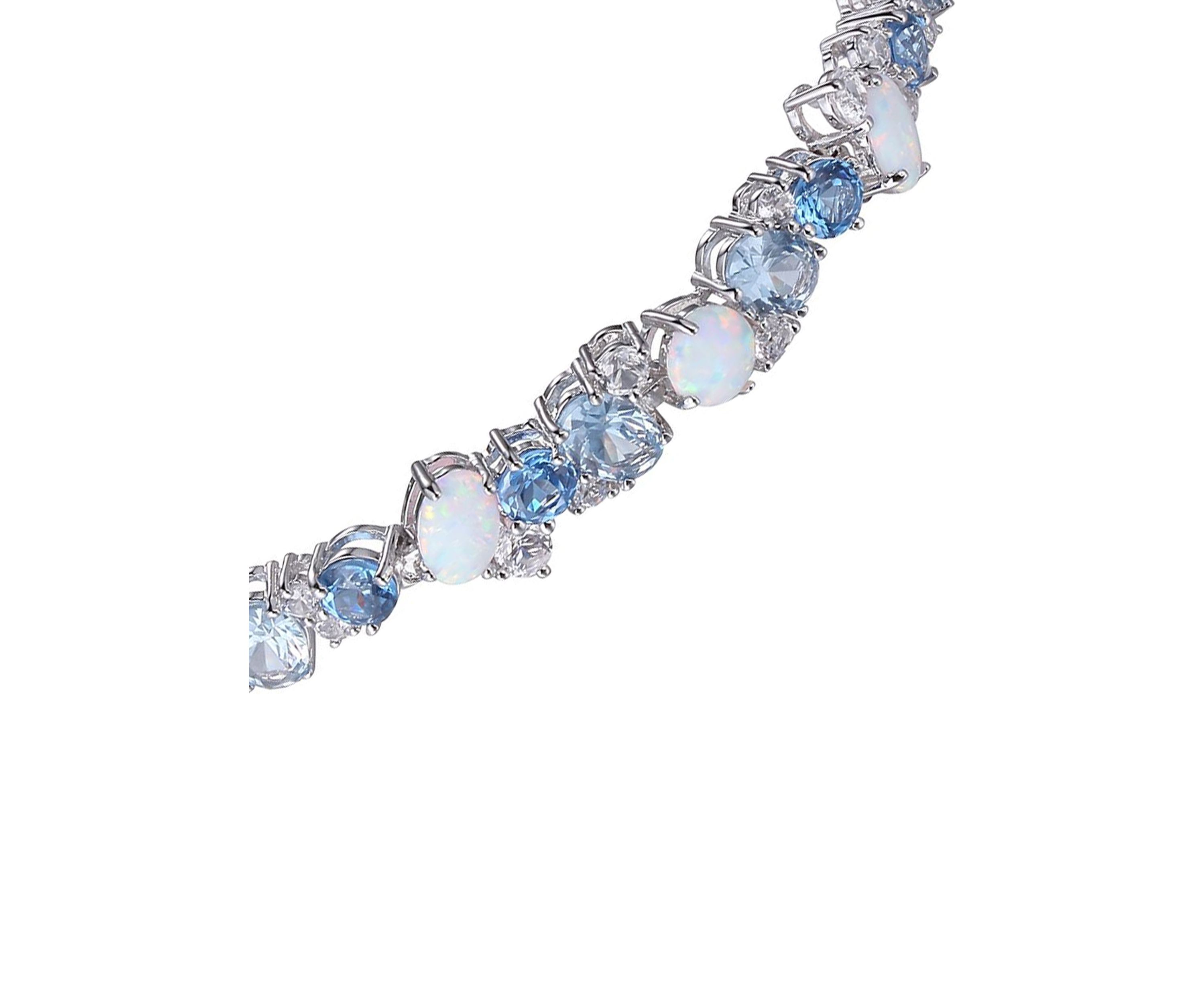 Created Spinel, Opal and White Sapphire Cluster Tennis Bracelet in Rhodium Plated Sterling Silver