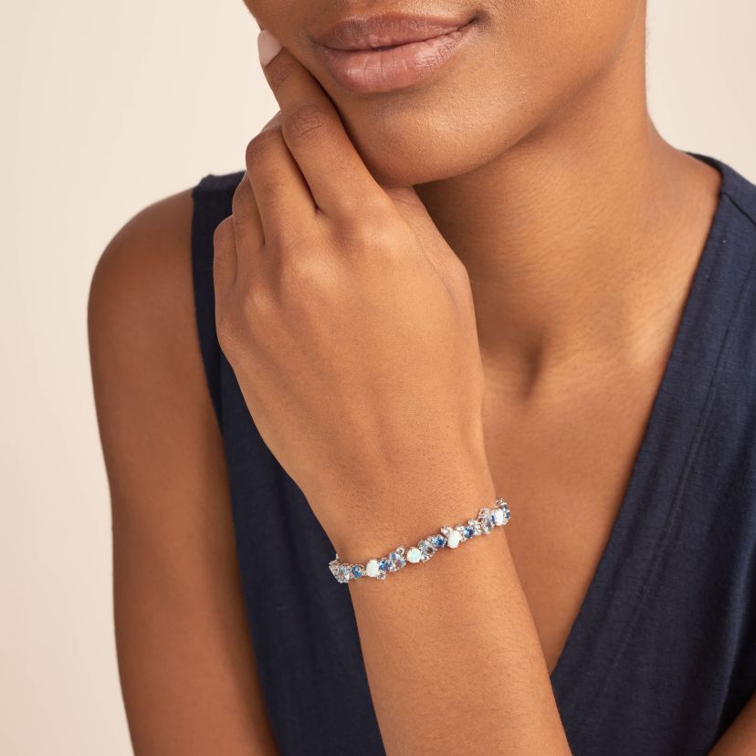 Created Spinel, Opal and White Sapphire Cluster Tennis Bracelet in Rhodium Plated Sterling Silver