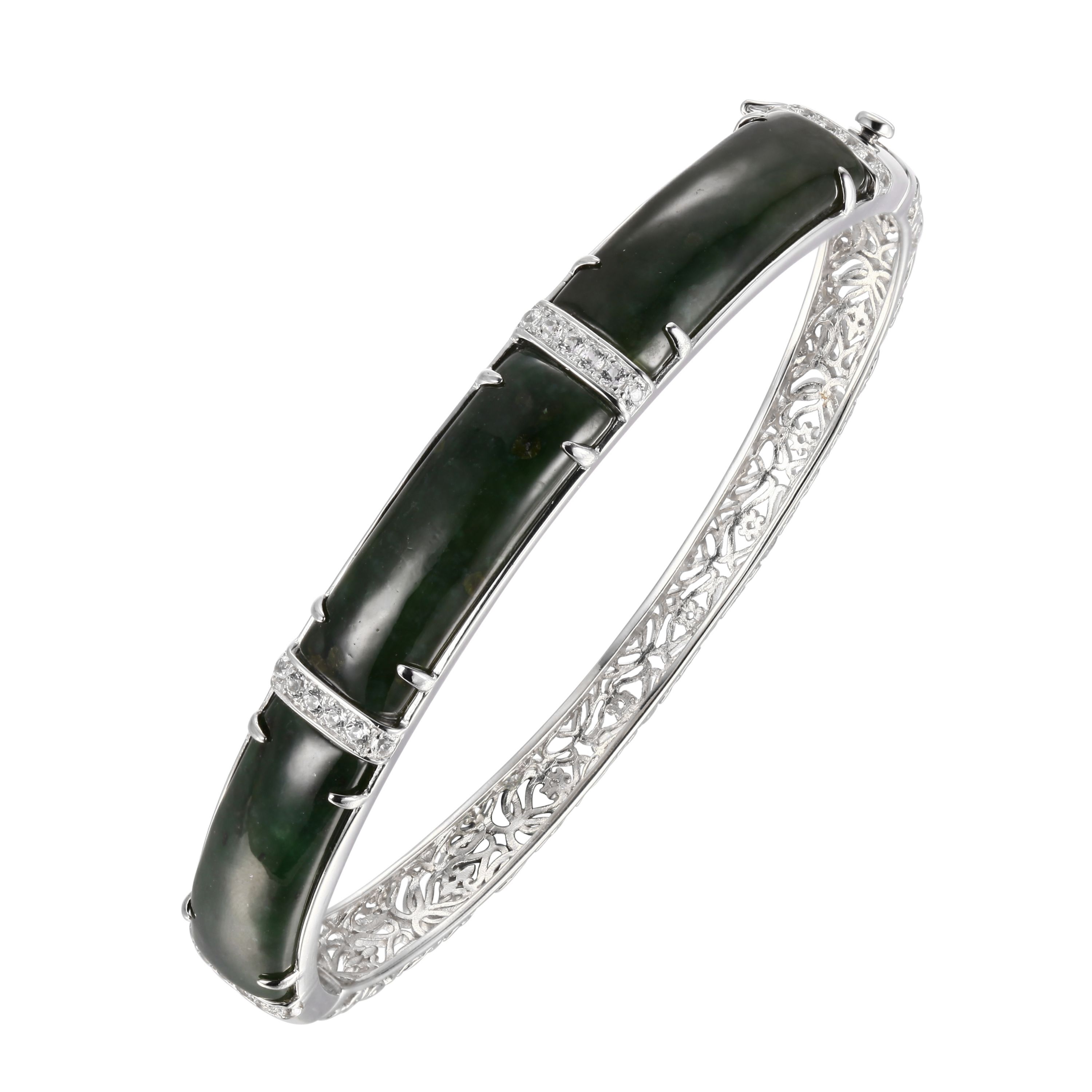 Genuine Nephrite Jade and White Topaz Bangle In Rhodium Plated Sterling Silver