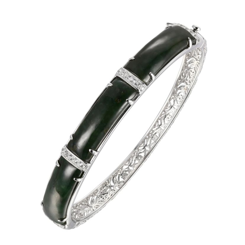 Genuine Nephrite Jade and White Topaz Bangle In Rhodium Plated Sterling Silver