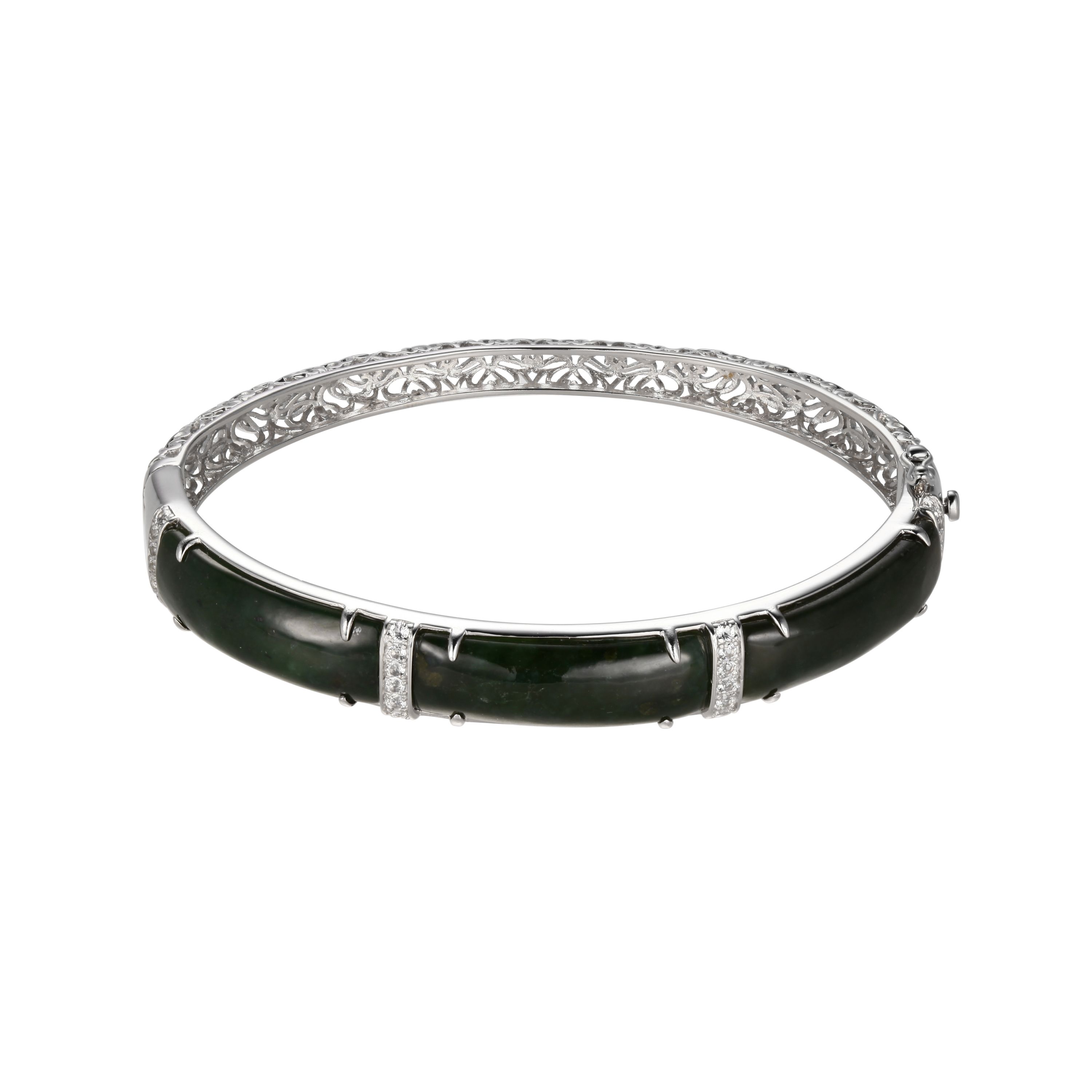 Genuine Nephrite Jade and White Topaz Bangle In Rhodium Plated Sterling Silver