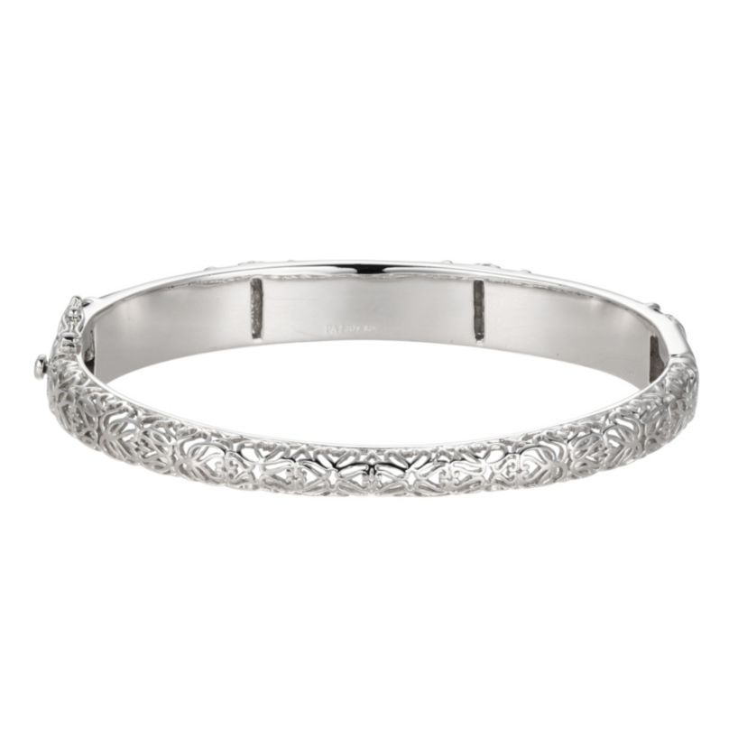 Genuine Nephrite Jade and White Topaz Bangle In Rhodium Plated Sterling Silver