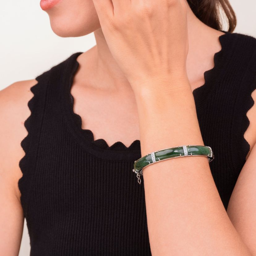 Genuine Nephrite Jade and White Topaz Bangle In Rhodium Plated Sterling Silver
