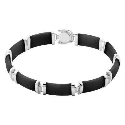 Dynasty Jade Black Onyx or Multi-Colored Jade Link Bar Bracelet in Gold Plated or Rhodium Plated Sterling Silver