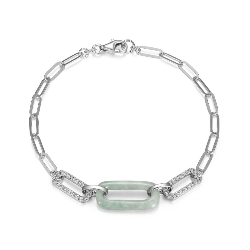 Rhodium Plated Sterling Silver Genuine Jade and White Topaz Paperclip Bracelet