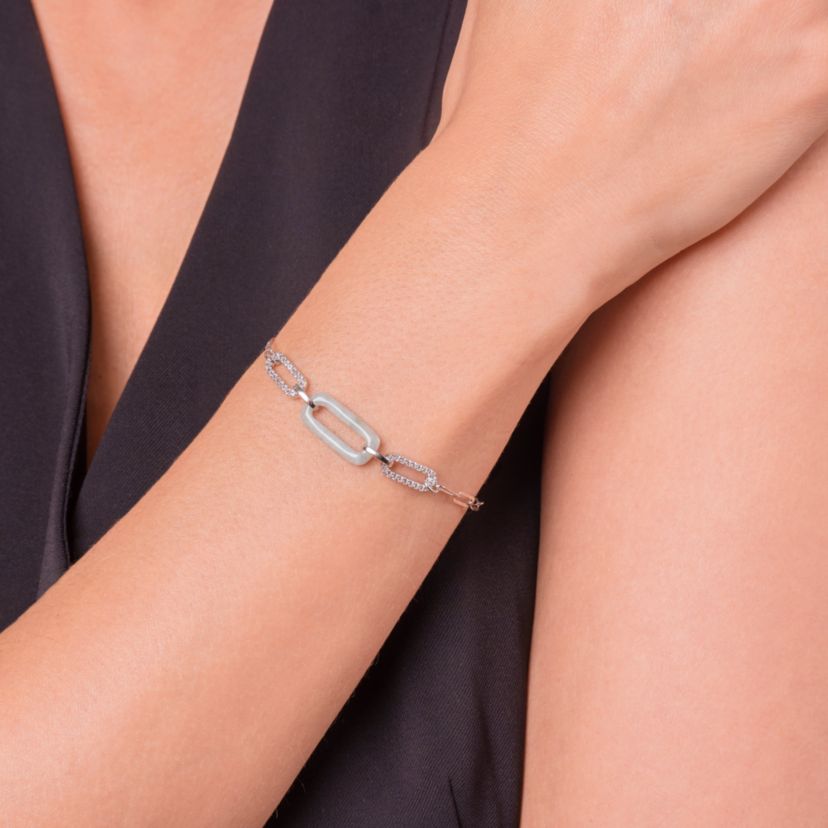 Rhodium Plated Sterling Silver Genuine Jade and White Topaz Paperclip Bracelet