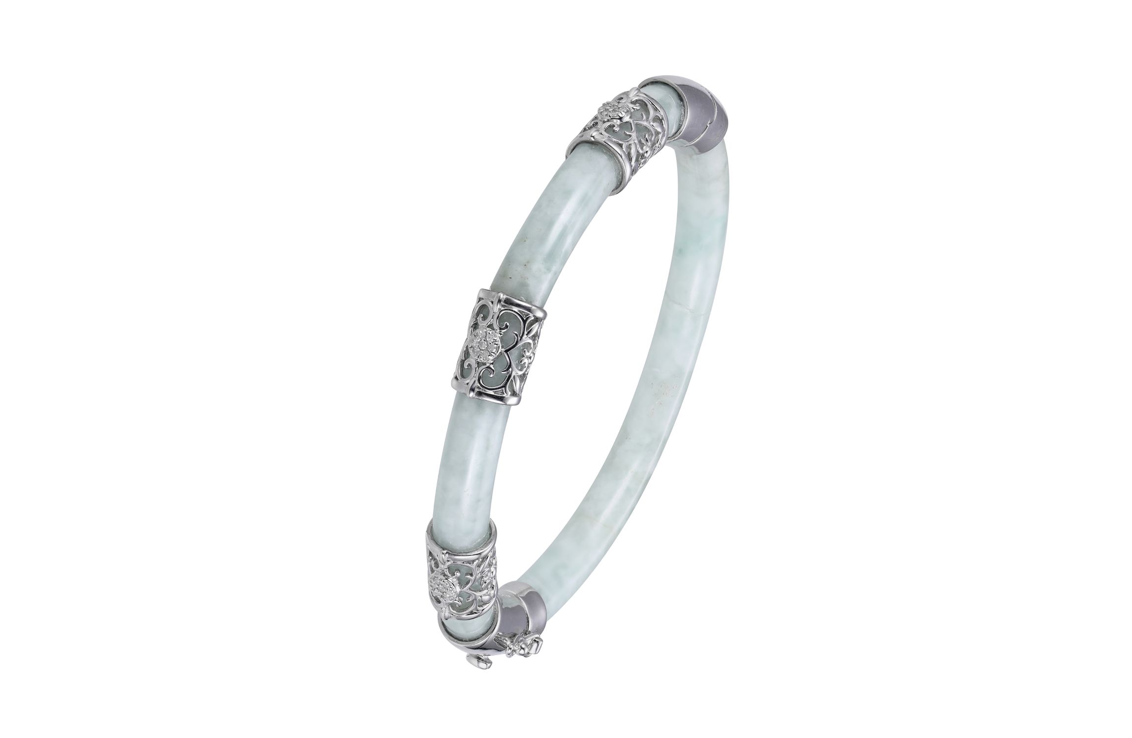 Genuine Green Jade Carved Bangle Bracelet with 1/10 cttw Diamonds in Rhodium-Plated Sterling Silver