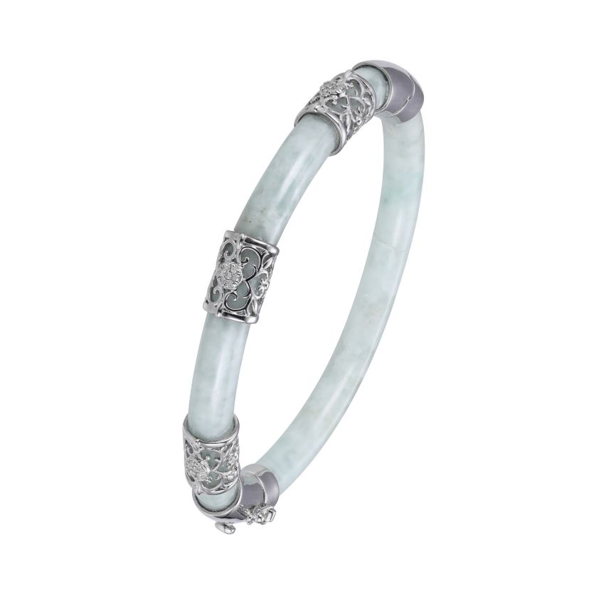 Genuine Green Jade Carved Bangle Bracelet with 1/10 cttw Diamonds in Rhodium-Plated Sterling Silver