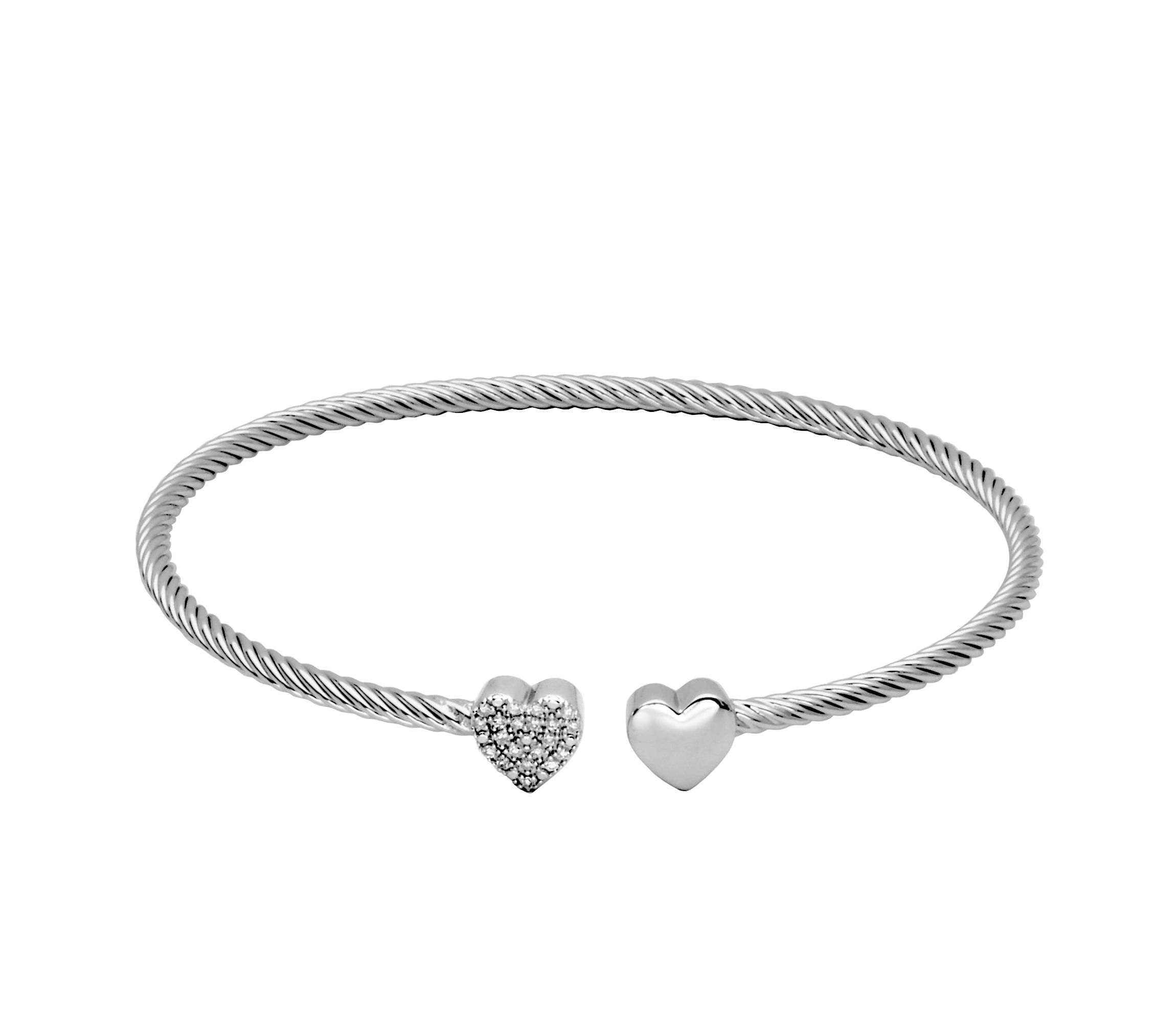 1/10 cttw Diamond Twin Heart Open Cuff Twisted Bangle in Rhodium Plated Sterling Silver