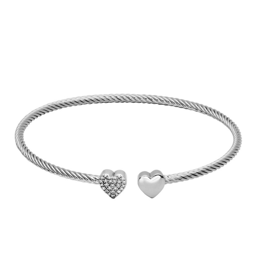 1/10 cttw Diamond Twin Heart Open Cuff Twisted Bangle in Rhodium Plated Sterling Silver