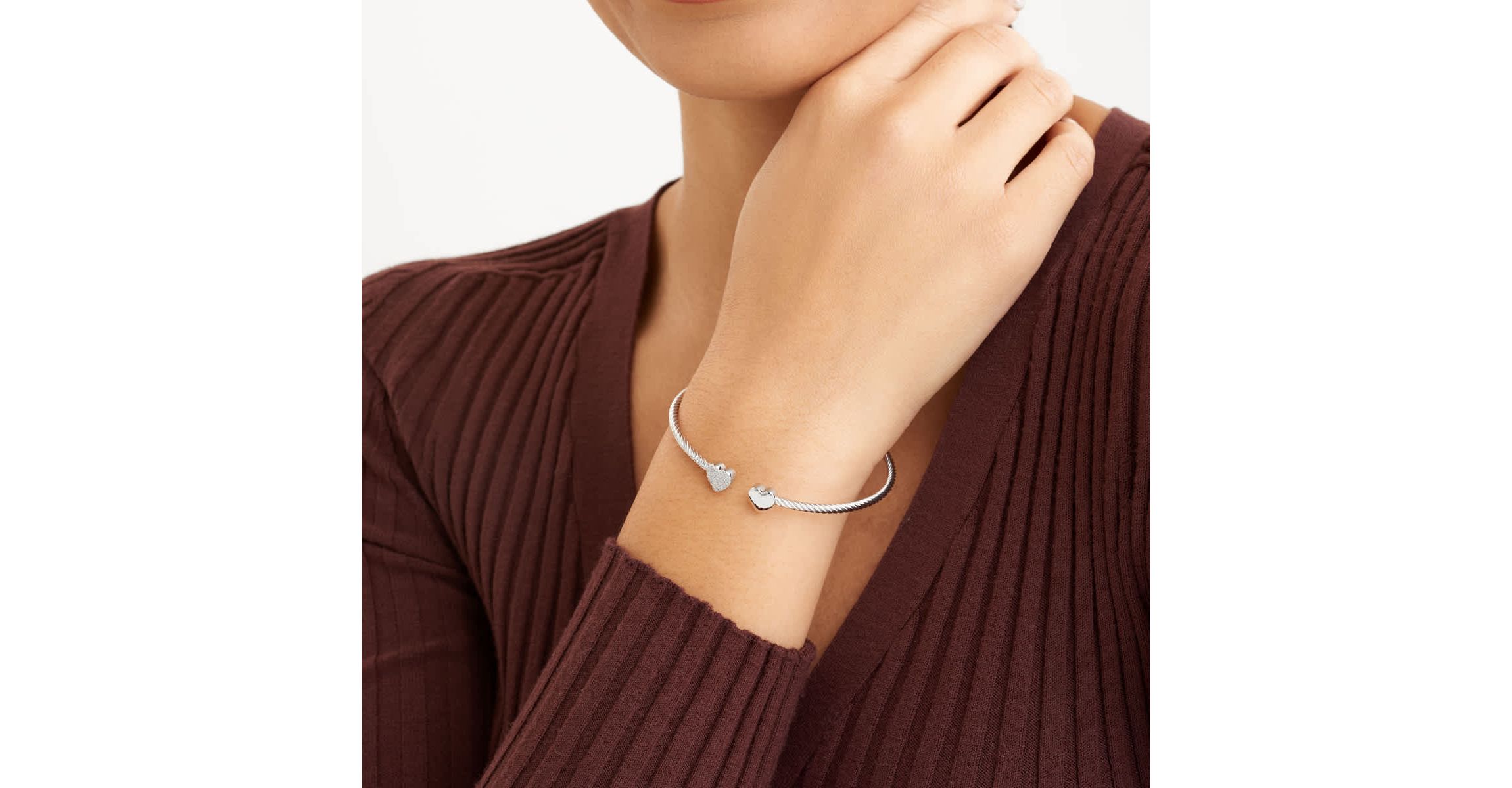 1/10 cttw Diamond Twin Heart Open Cuff Twisted Bangle in Rhodium Plated Sterling Silver