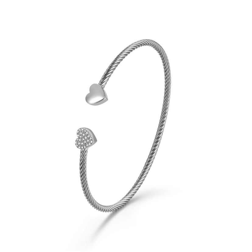 1/10 cttw Diamond Twin Heart Open Cuff Twisted Bangle in Rhodium Plated Sterling Silver