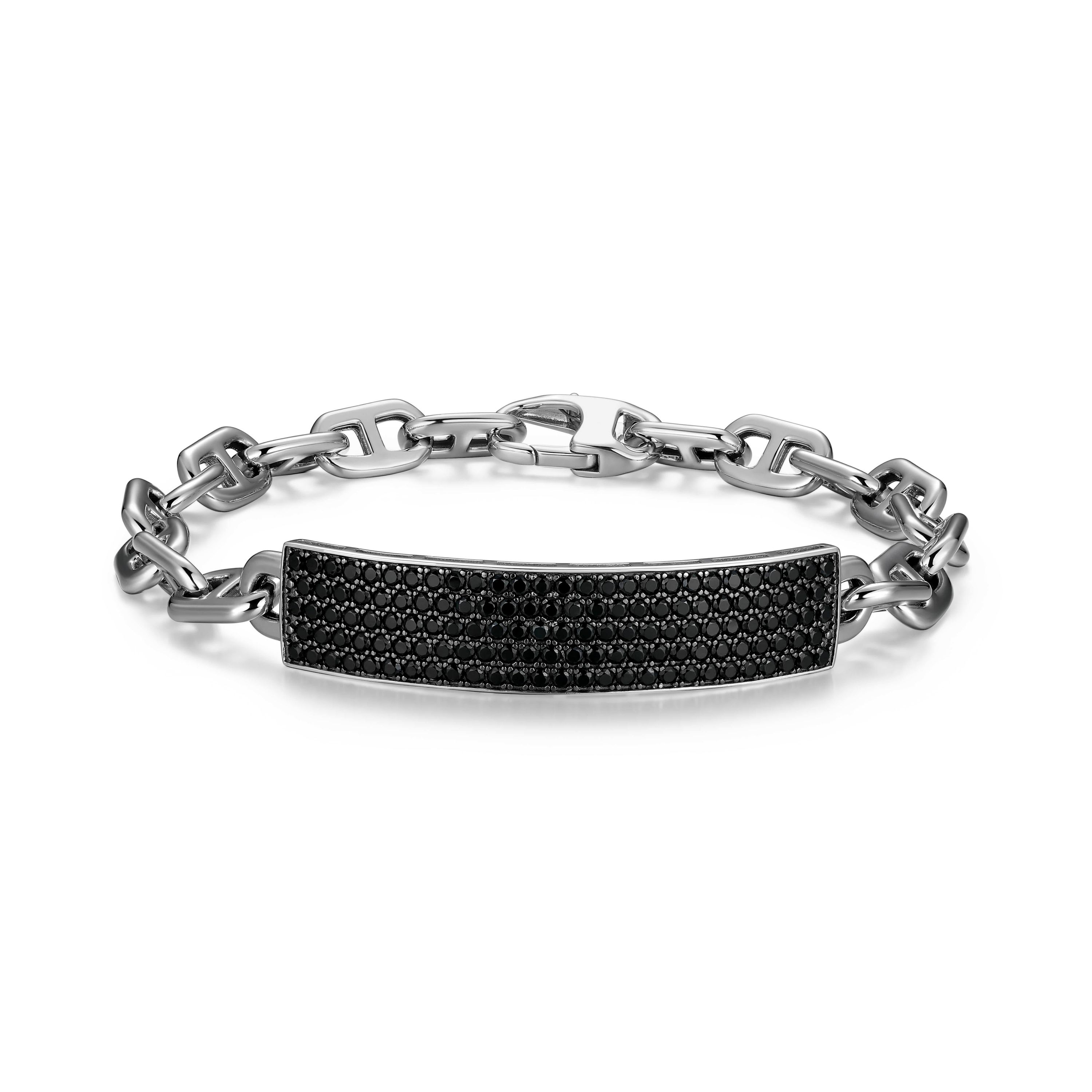 Mens Genuine Black Spinel Bracelet in Rhodium Plated Sterling Silver
