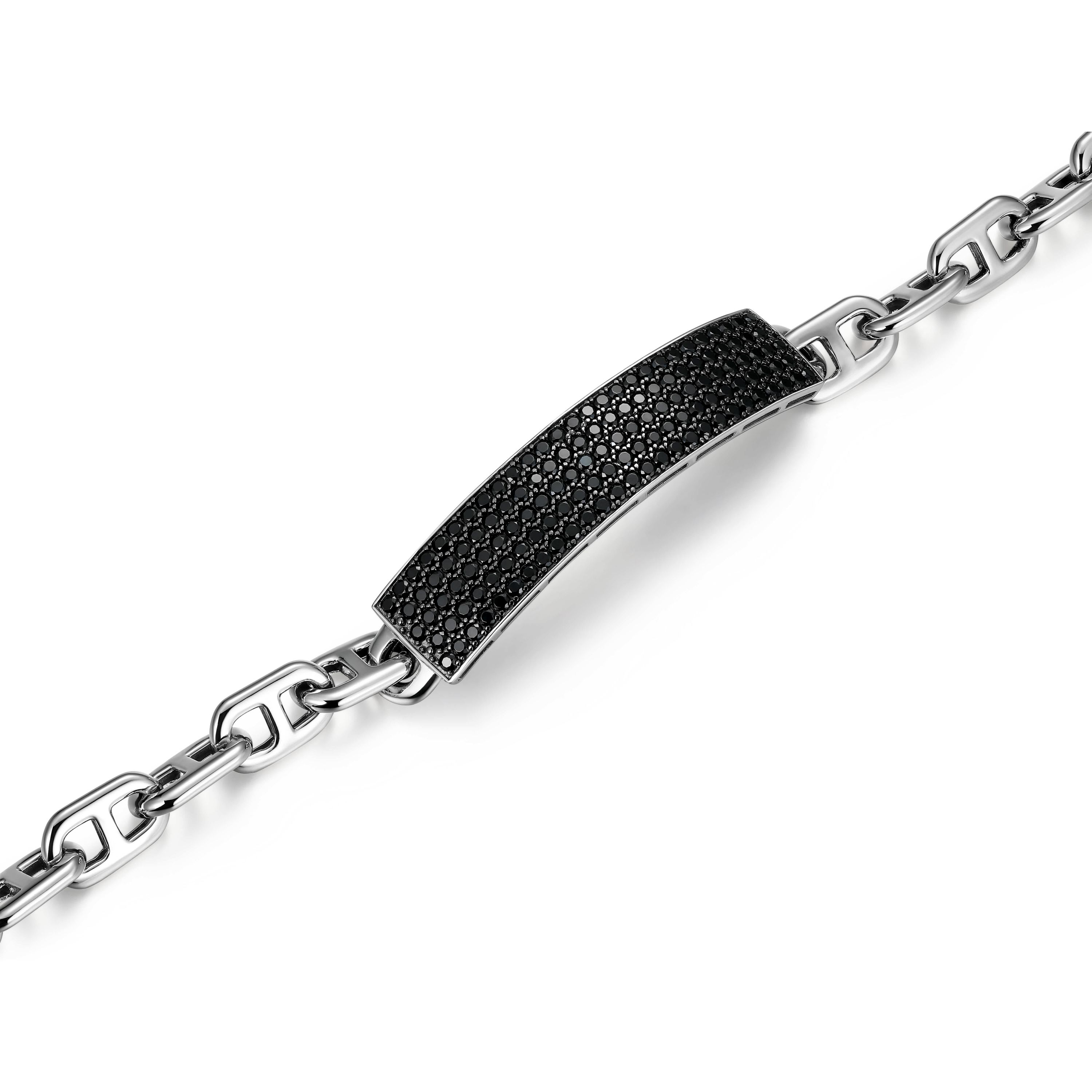 Mens Genuine Black Spinel Bracelet in Rhodium Plated Sterling Silver