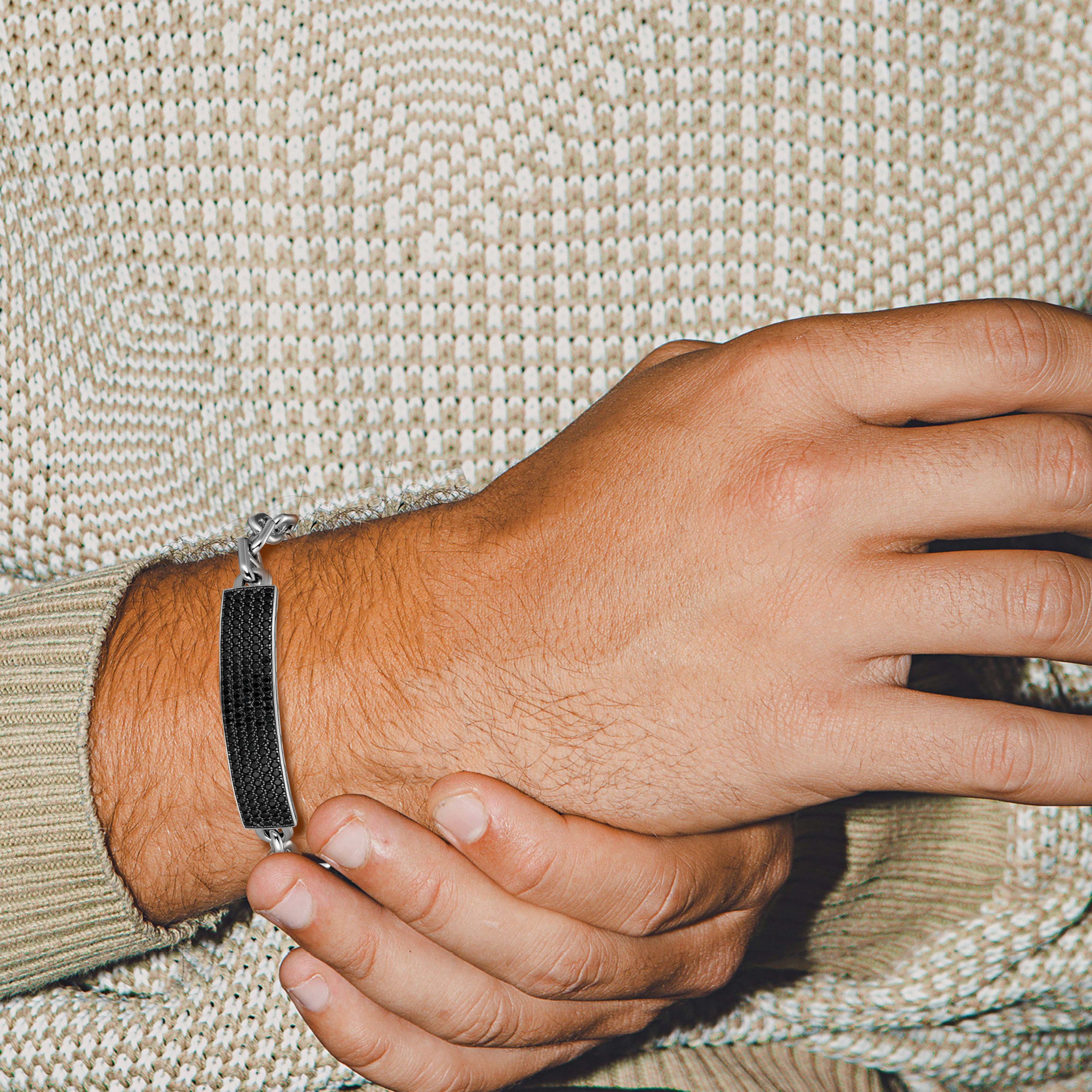 Mens Genuine Black Spinel Bracelet in Rhodium Plated Sterling Silver