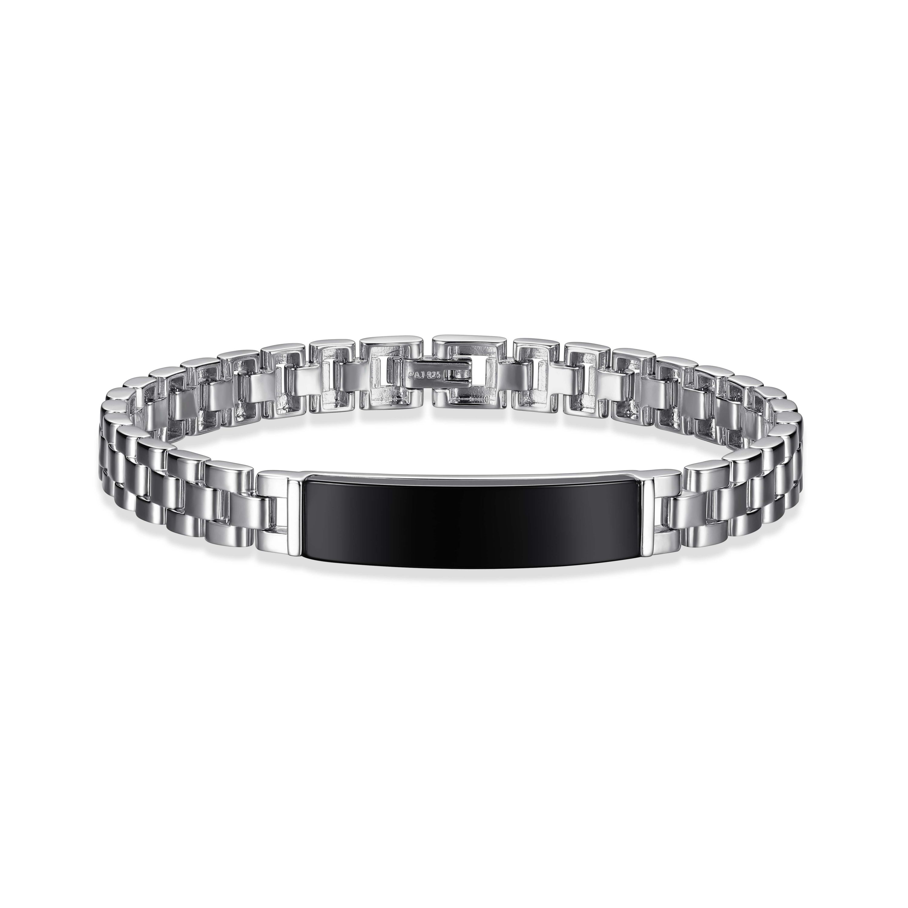 Mens Genuine Black Onyx Bracelet in Rhodium Plated Sterling Silver