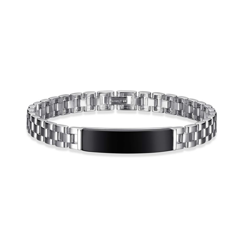 Mens Genuine Black Onyx Bracelet in Rhodium Plated Sterling Silver