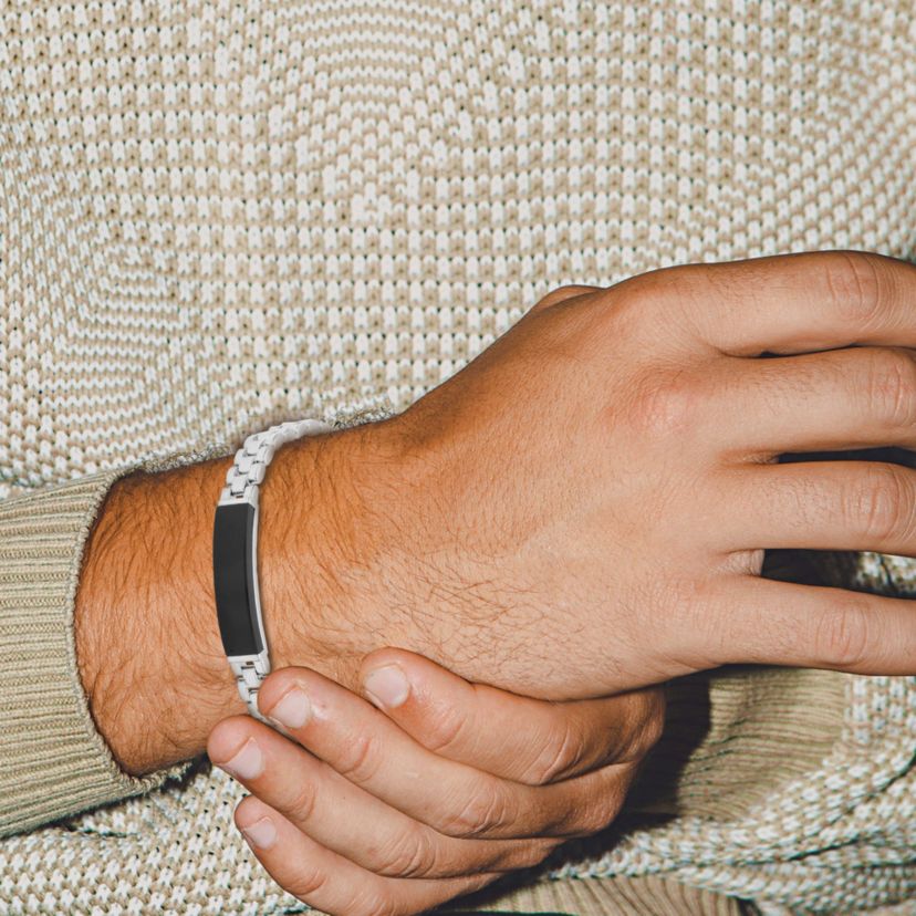 Mens Genuine Black Onyx Bracelet in Rhodium Plated Sterling Silver