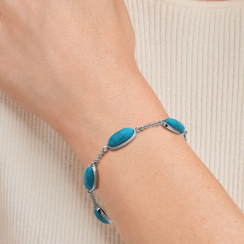 Genuine Turquoise Station Bracelet in Rhodium Plated Sterling Silver
