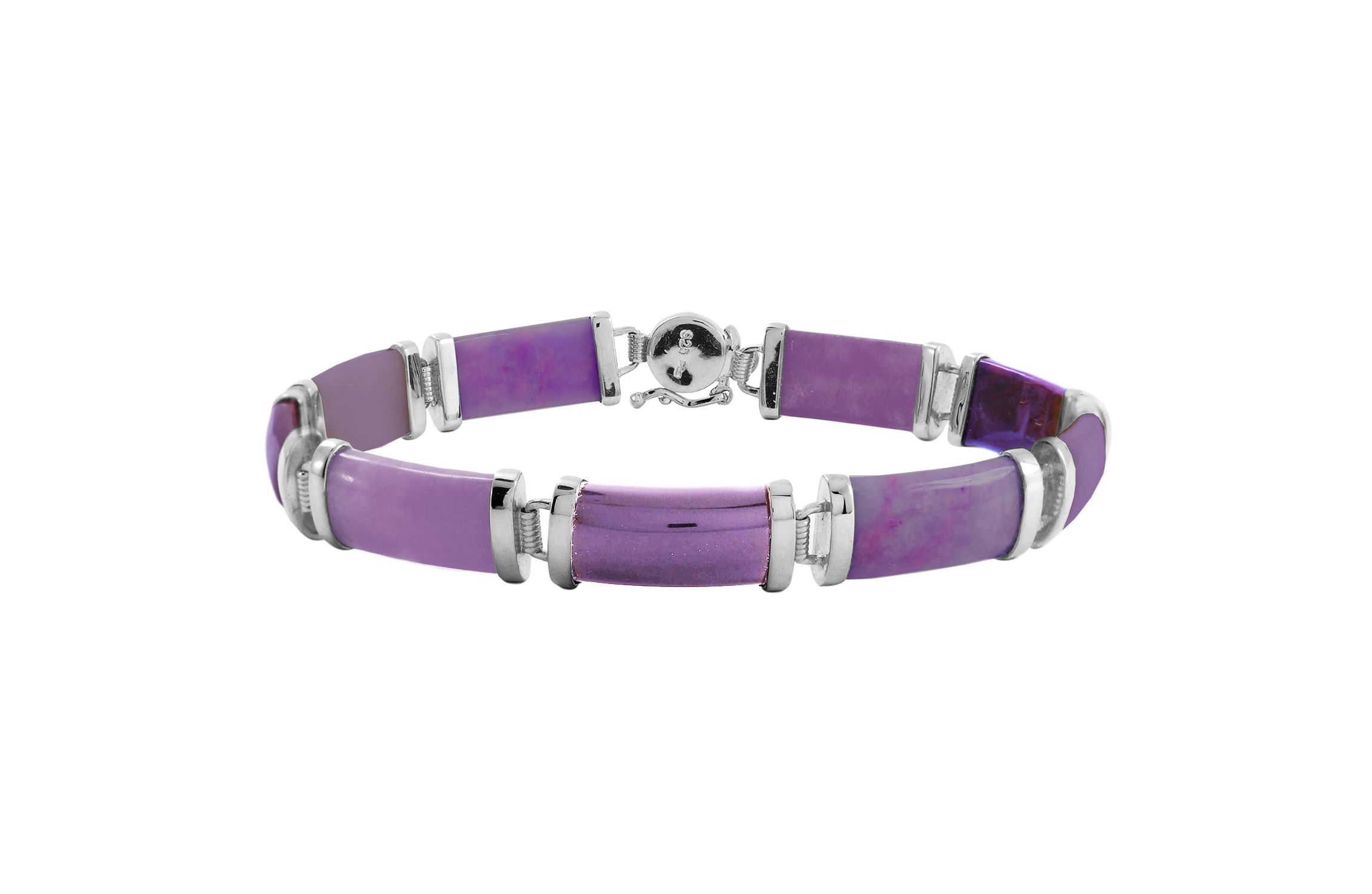 Genuine Purple Jade Link Station Bracelet in Rhodium Plated Sterling Silver, 7.5"