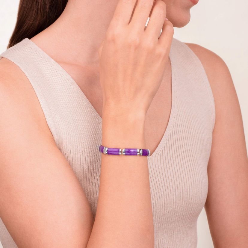 Genuine Purple Jade Link Station Bracelet in Rhodium Plated Sterling Silver, 7.5"