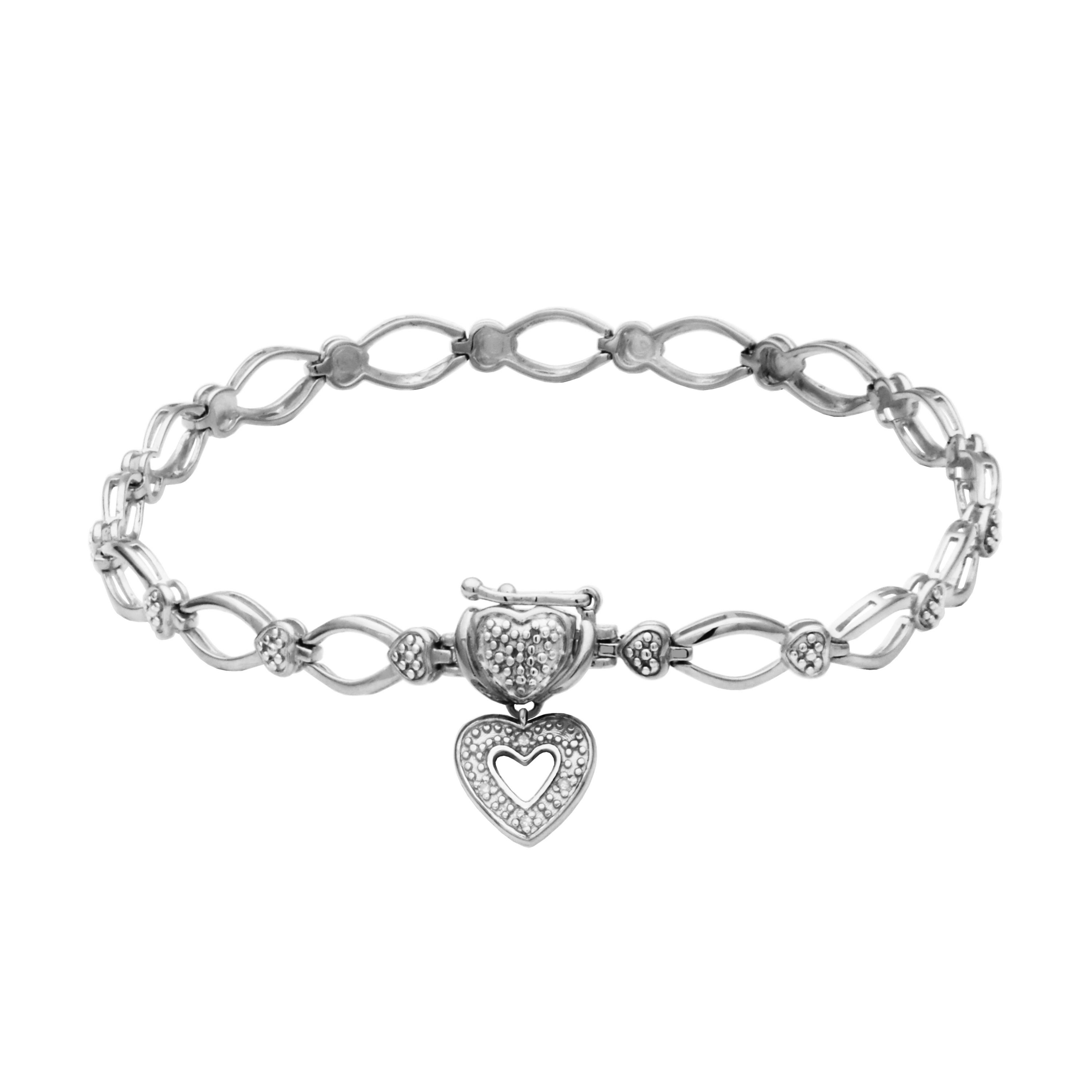 Diamond Accent Heart Charm Bracelet in Rhodium Plated Sterling Silver