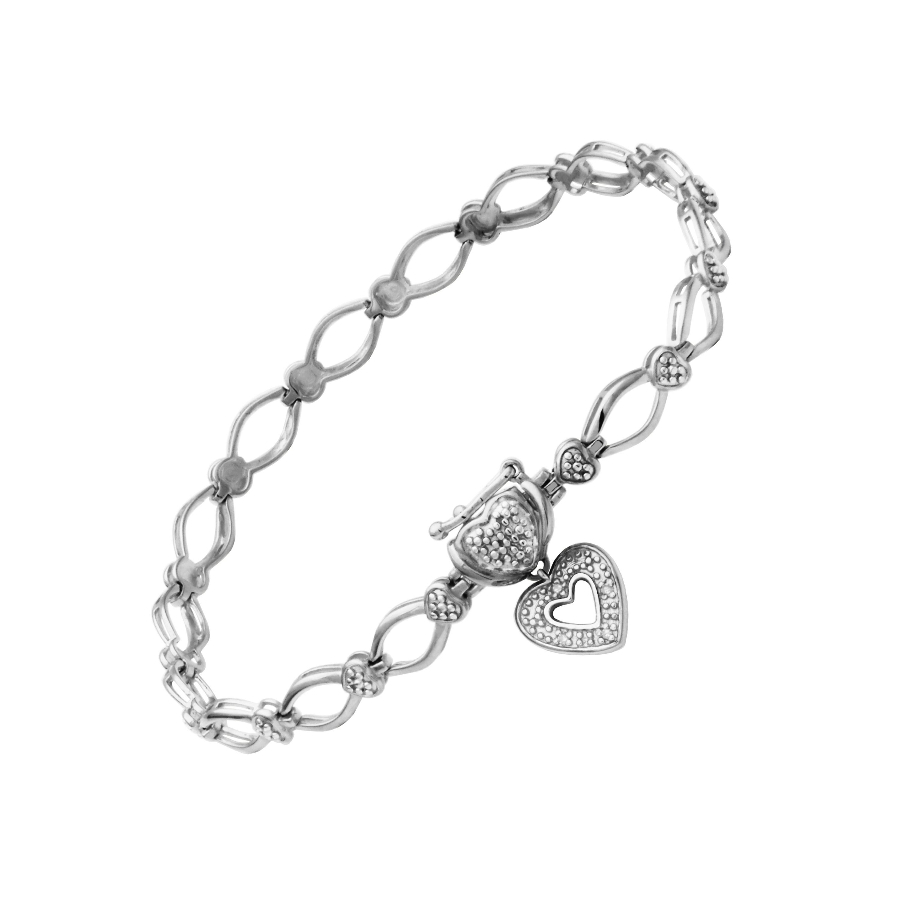 Diamond Accent Heart Charm Bracelet in Rhodium Plated Sterling Silver