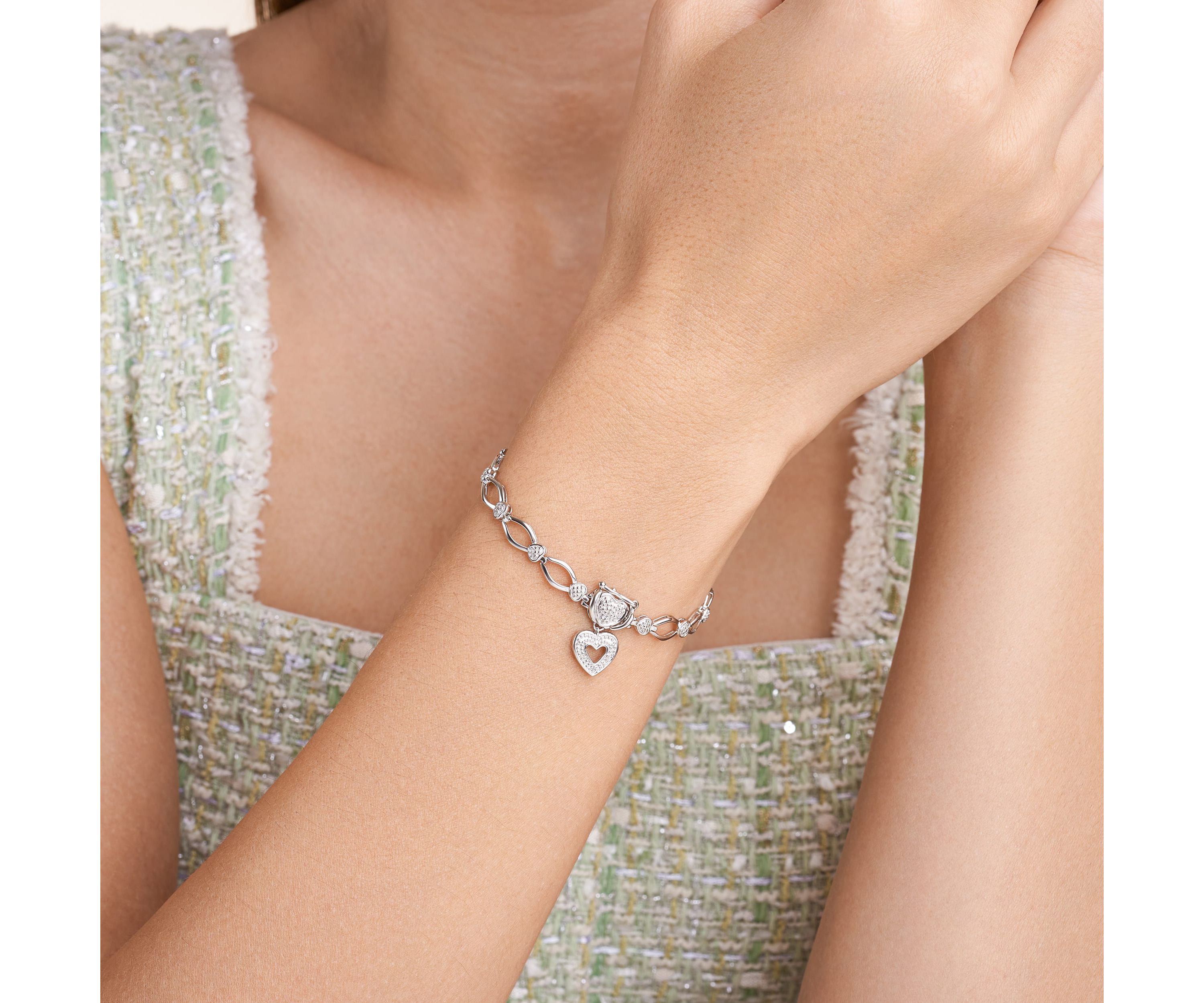 Diamond Accent Heart Charm Bracelet in Rhodium Plated Sterling Silver