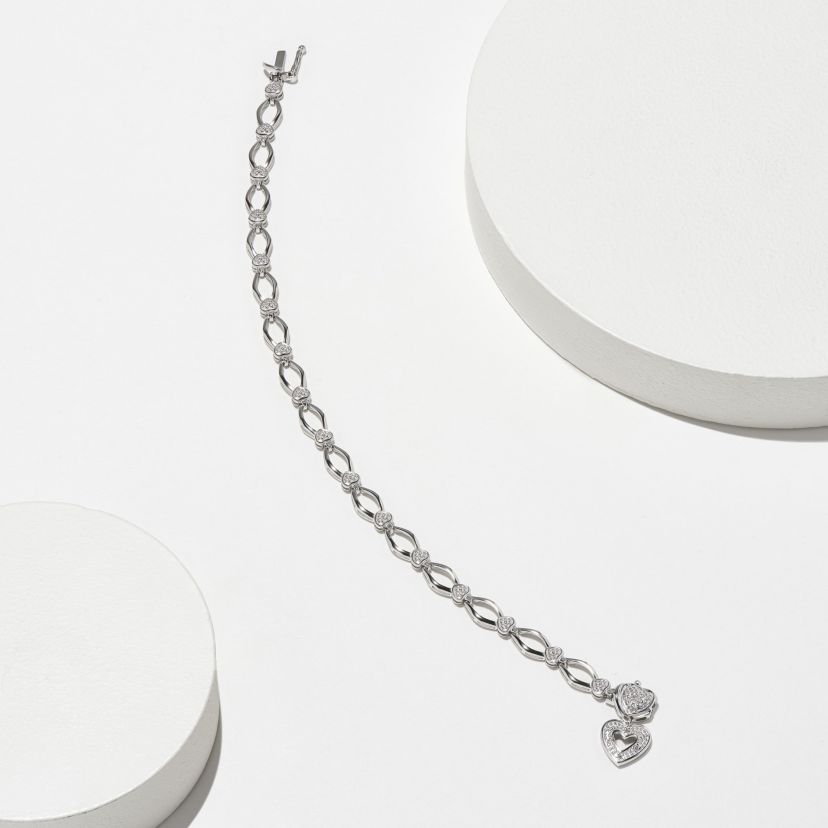 Diamond Accent Heart Charm Bracelet in Rhodium Plated Sterling Silver