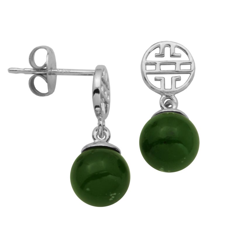 Genuine Nephrite Jade Bead Drop Earrings In Sterling Silver