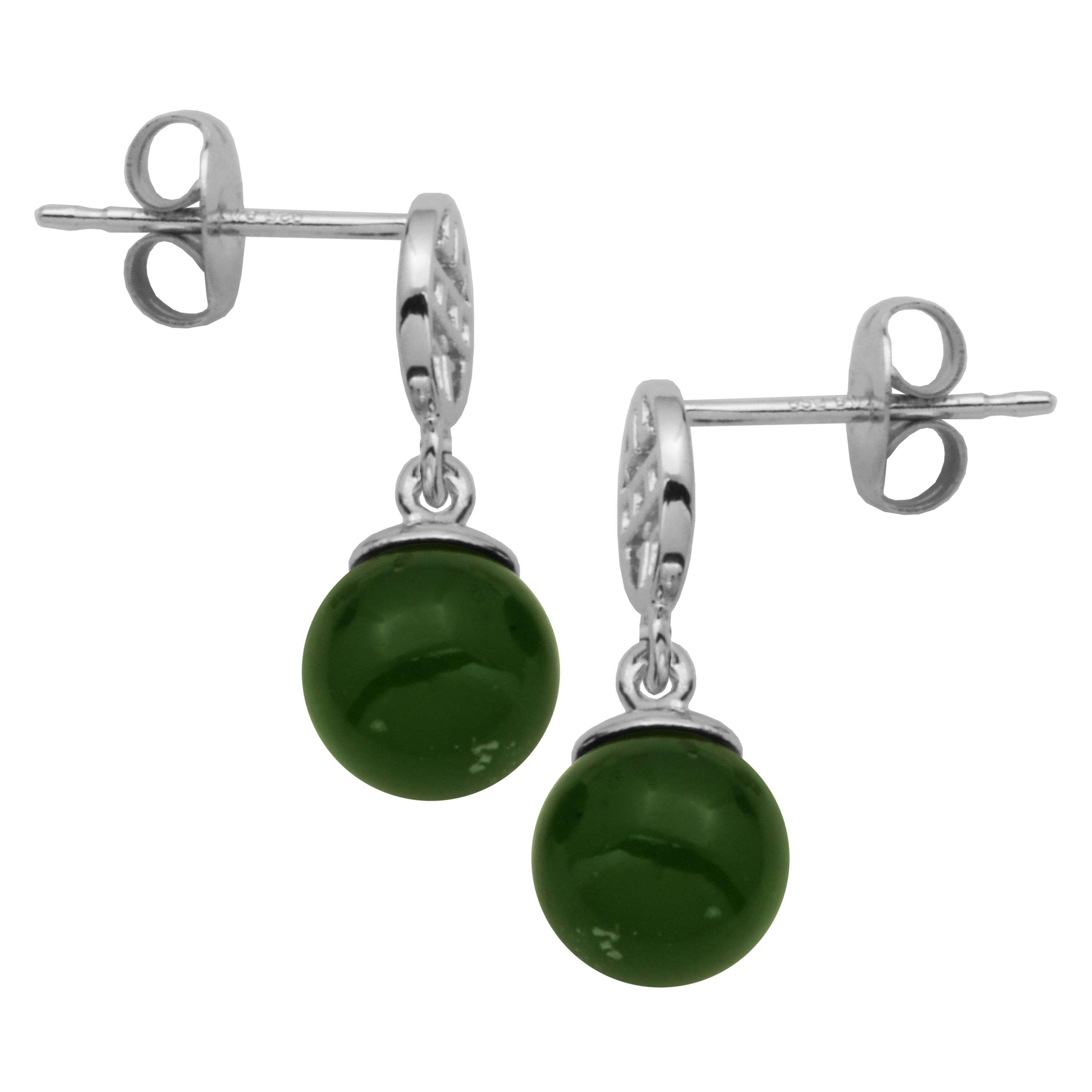 Genuine Nephrite Jade Bead Drop Earrings In Sterling Silver