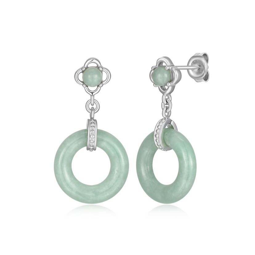 Jade Drop Circle Earrings In Rhodium Plated Sterling Silver