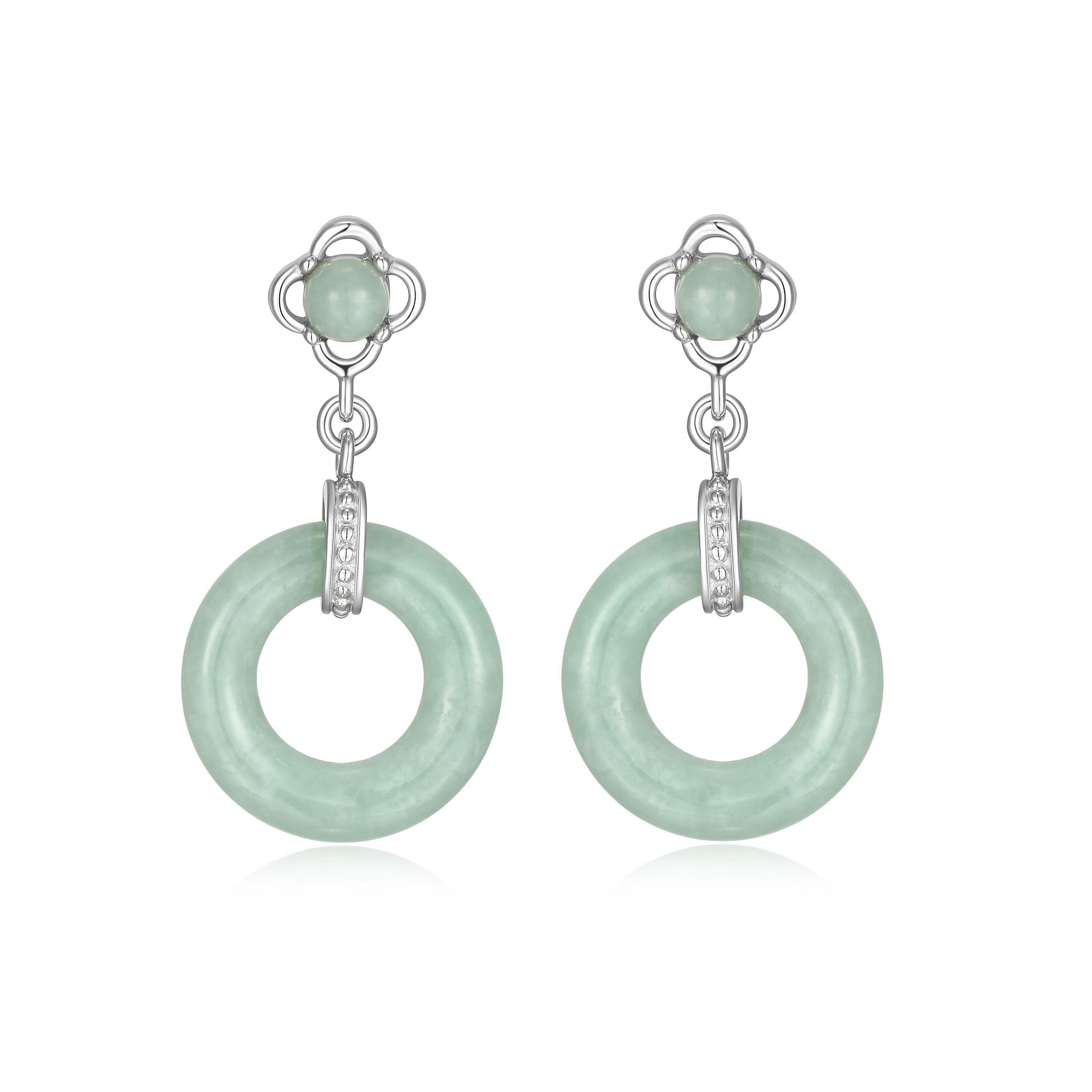 Jade Drop Circle Earrings In Rhodium Plated Sterling Silver