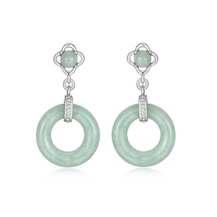 Jade Drop Circle Earrings In Rhodium Plated Sterling Silver