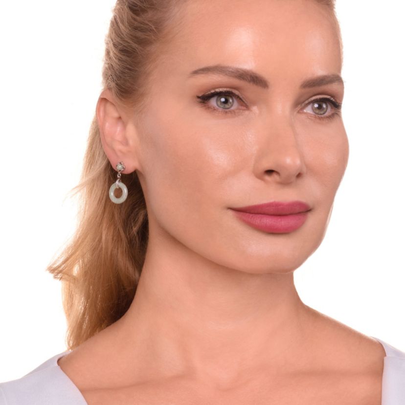 Jade Drop Circle Earrings In Rhodium Plated Sterling Silver