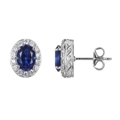 Aurealis Lab Created Created Blue Sapphire Oval Earrings in Rhodium-plated Sterling Silver